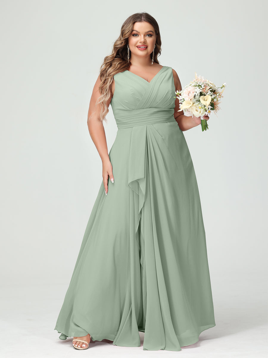 A-Line/Princess V-Neck Sleeveless Chiffon Ruffles Plus Size Bridesmaid Dresses with Pockets Sage