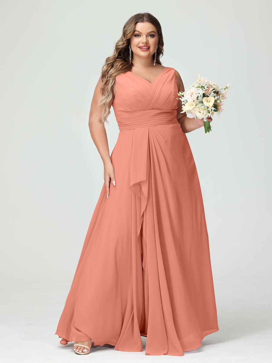 A-Line/Princess V-Neck Sleeveless Chiffon Ruffles Plus Size Bridesmaid Dresses with Pockets Salmon