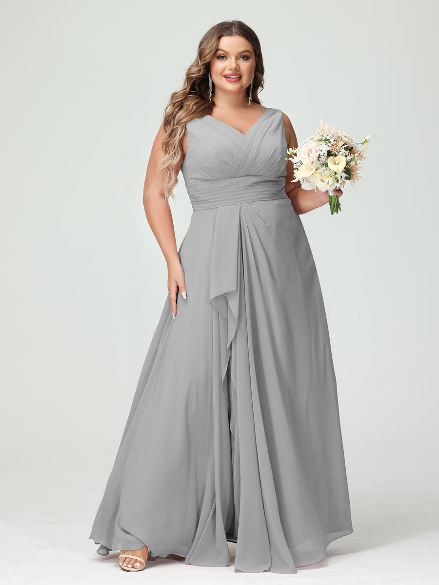 A-Line/Princess V-Neck Sleeveless Chiffon Ruffles Plus Size Bridesmaid Dresses with Pockets Silver
