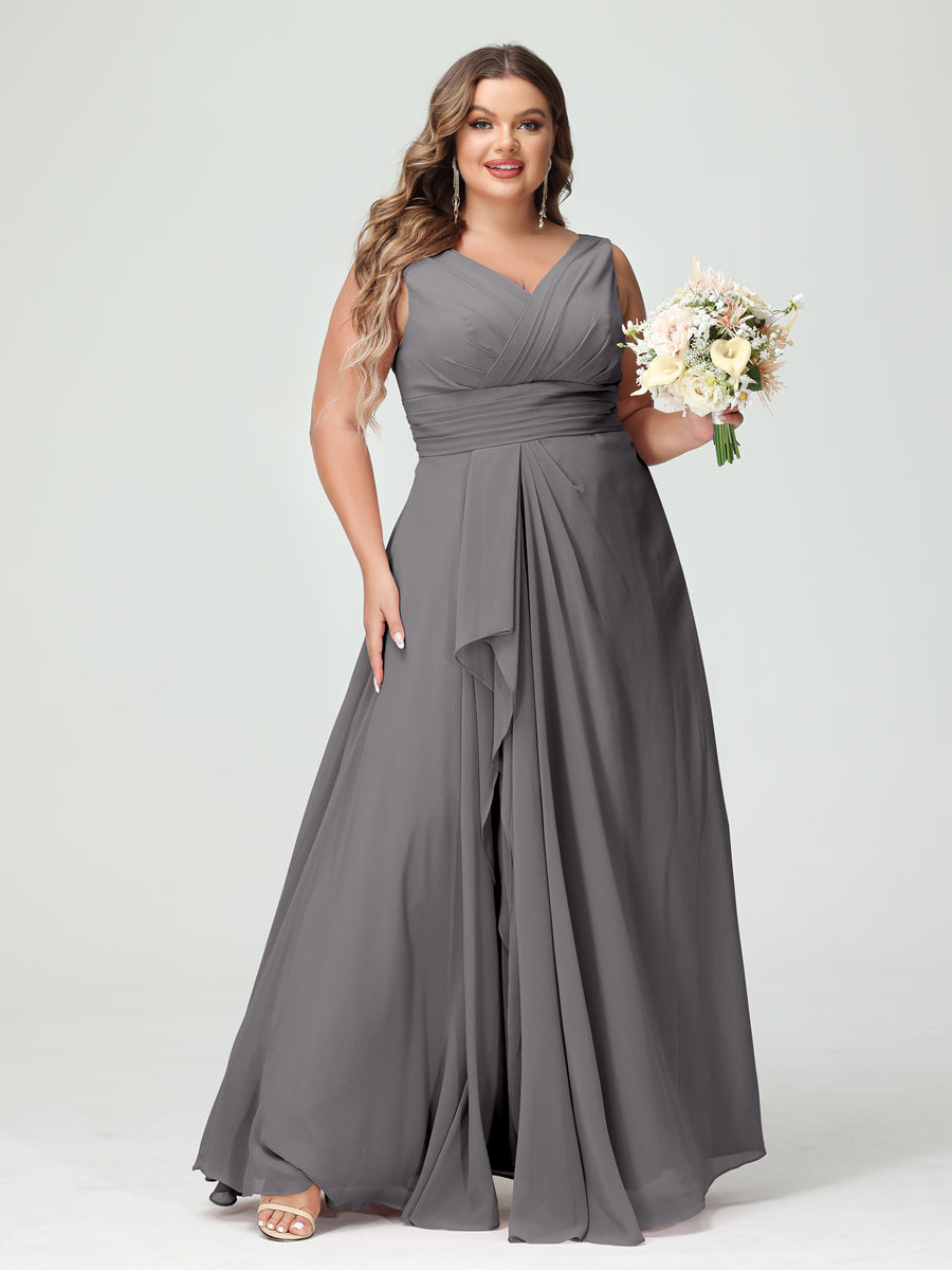 A-Line/Princess V-Neck Sleeveless Chiffon Ruffles Plus Size Bridesmaid Dresses with Pockets Silver Gray