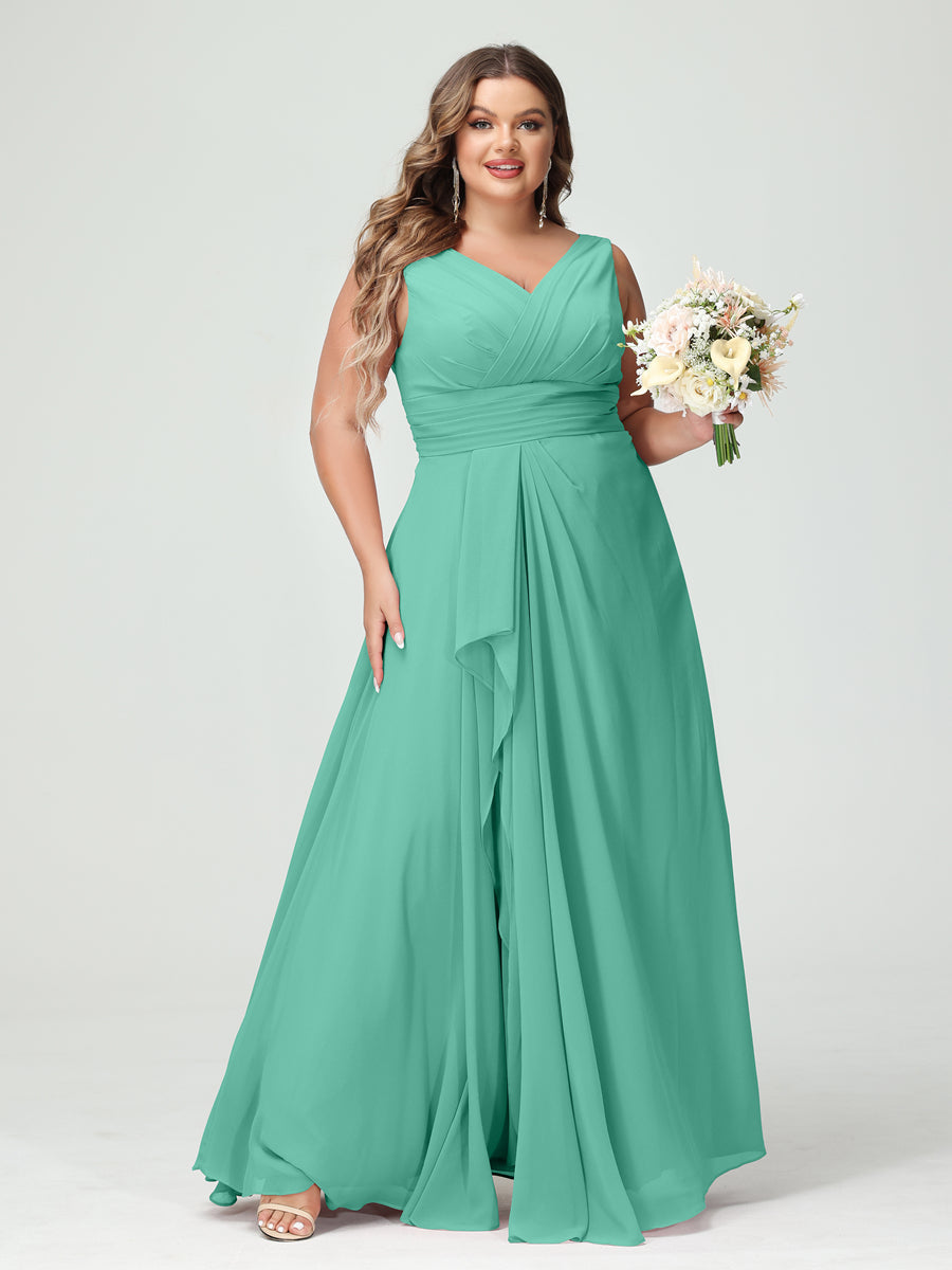 A-Line/Princess V-Neck Sleeveless Chiffon Ruffles Plus Size Bridesmaid Dresses with Pockets Spa