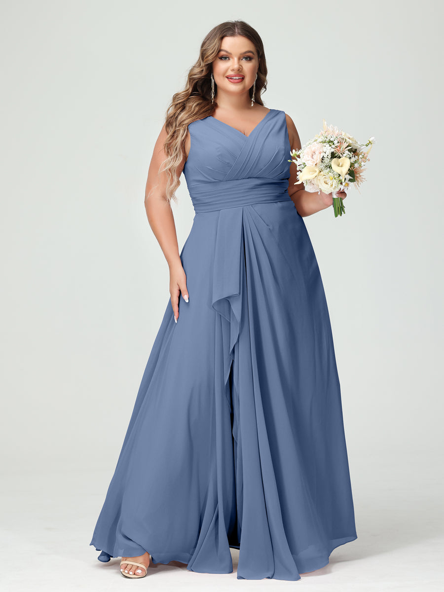 A-Line/Princess V-Neck Sleeveless Chiffon Ruffles Plus Size Bridesmaid Dresses with Pockets Steel Blue