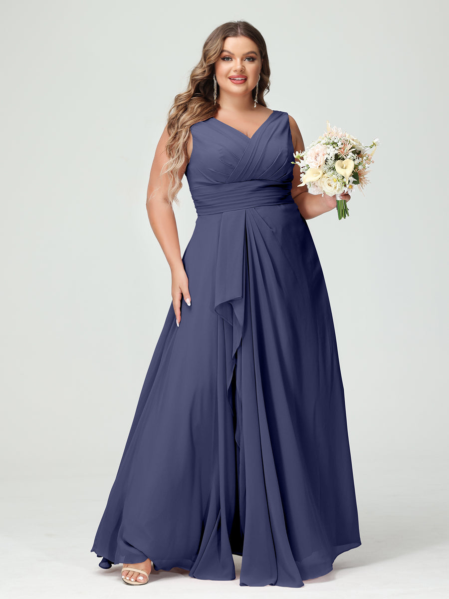 A-Line/Princess V-Neck Sleeveless Chiffon Ruffles Plus Size Bridesmaid Dresses with Pockets Stormy Blue