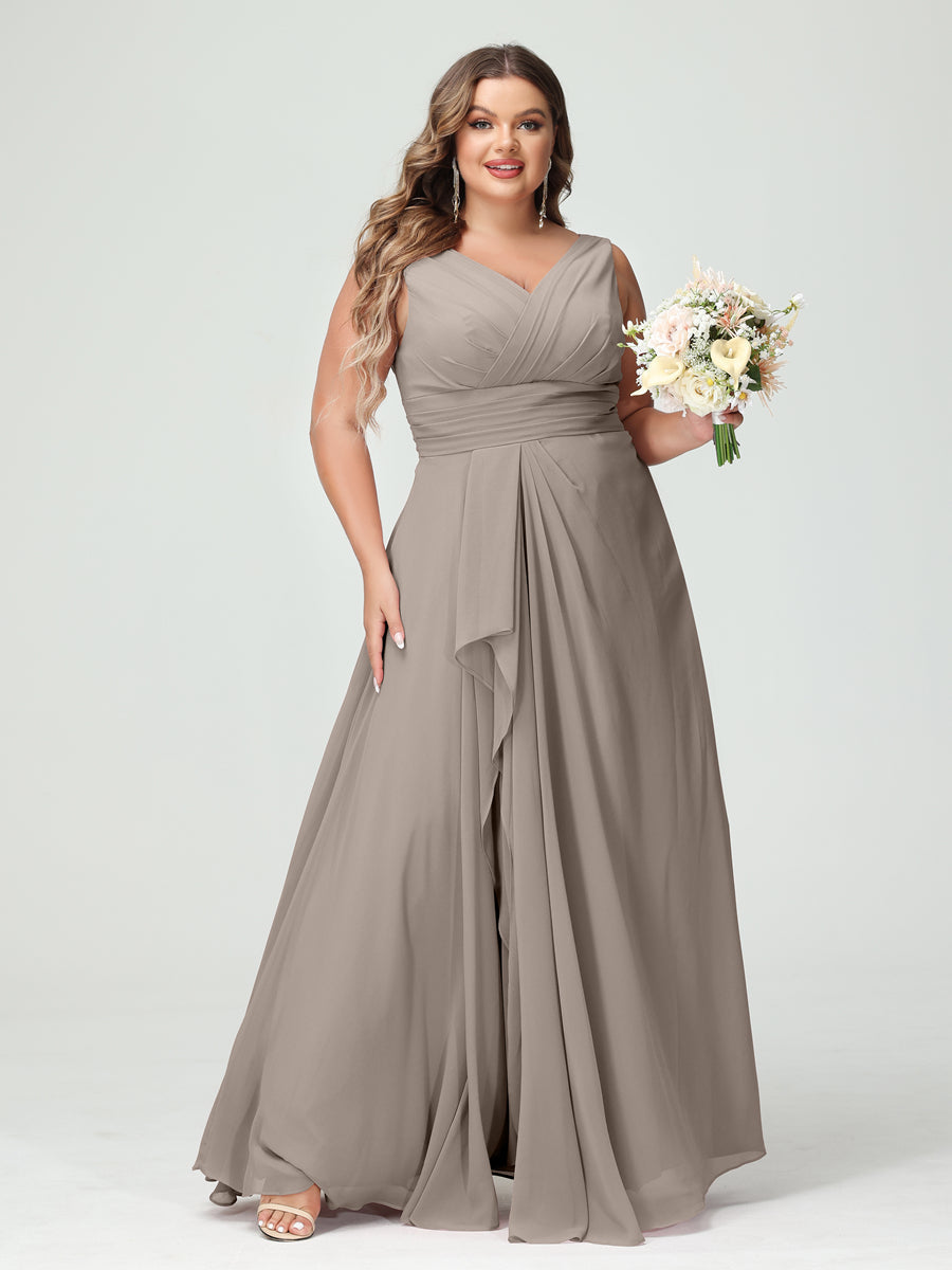 A-Line/Princess V-Neck Sleeveless Chiffon Ruffles Plus Size Bridesmaid Dresses with Pockets Taupe
