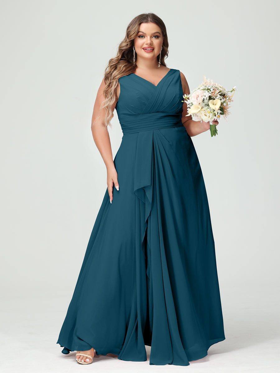 A-Line/Princess V-Neck Sleeveless Chiffon Ruffles Plus Size Bridesmaid Dresses with Pockets Teal