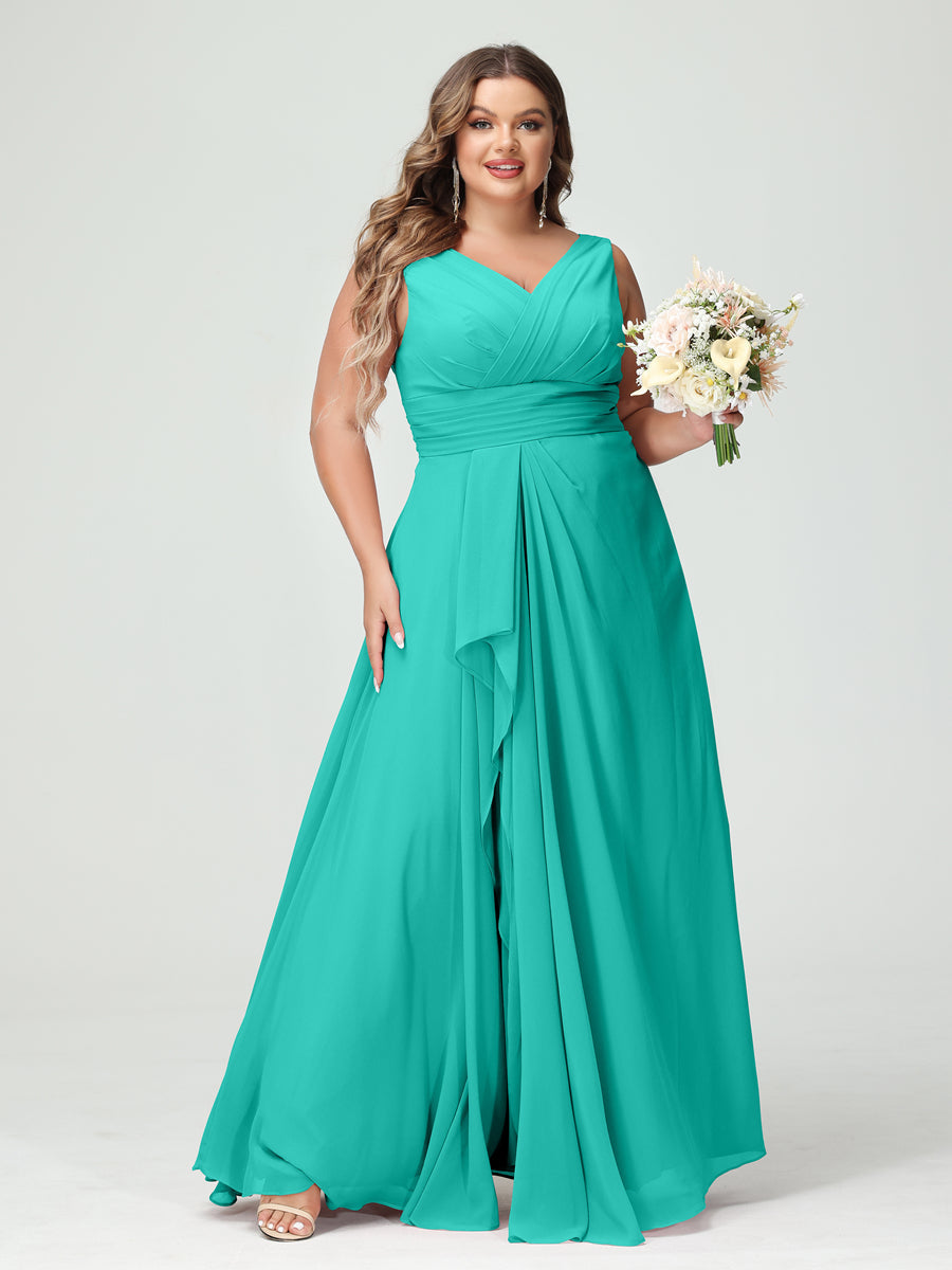 A-Line/Princess V-Neck Sleeveless Chiffon Ruffles Plus Size Bridesmaid Dresses with Pockets Turquoise