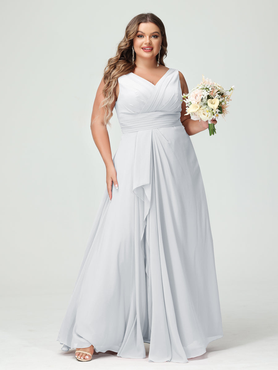 A-Line/Princess V-Neck Sleeveless Chiffon Ruffles Plus Size Bridesmaid Dresses with Pockets White