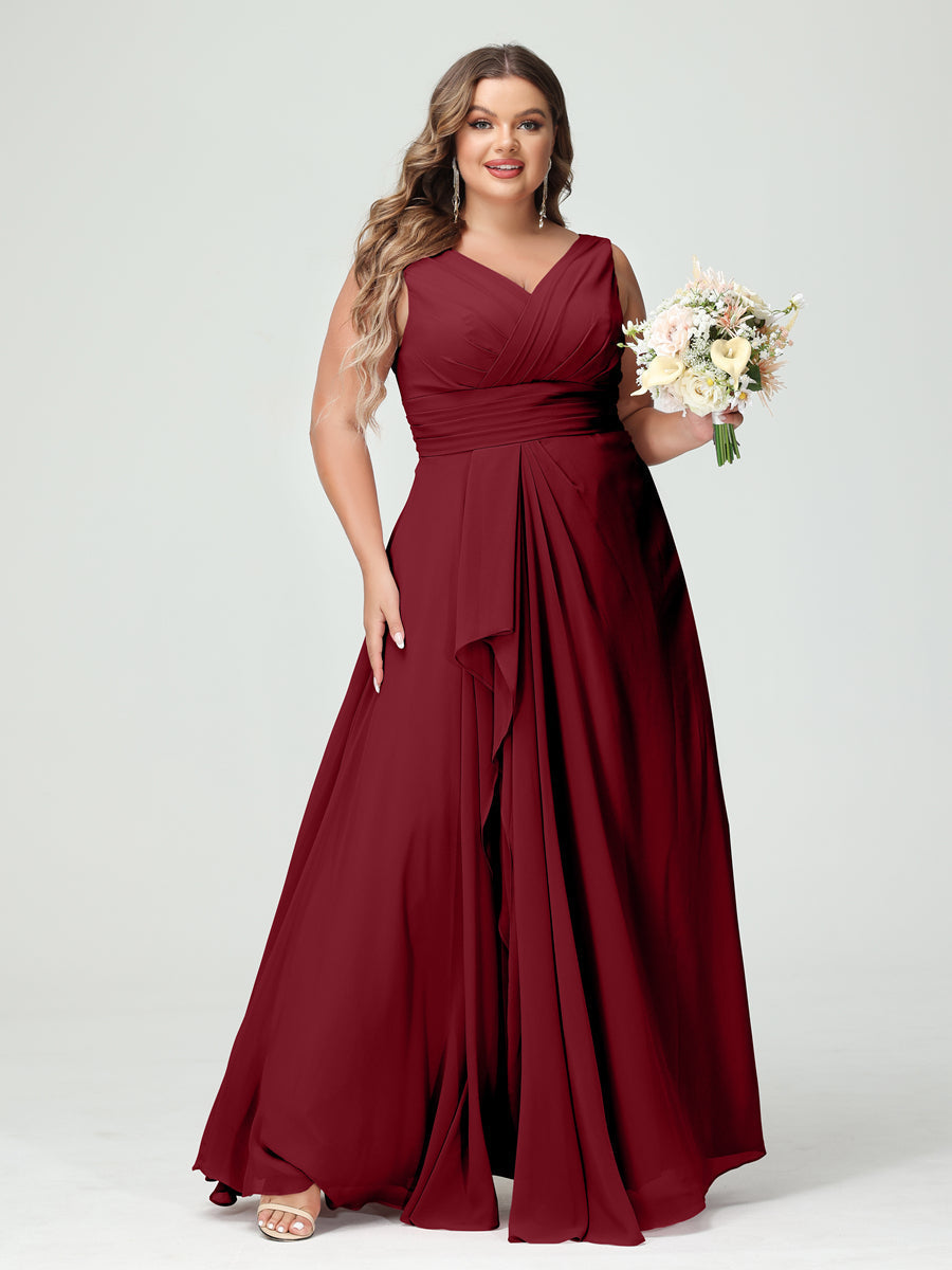 A-Line/Princess V-Neck Sleeveless Chiffon Ruffles Plus Size Bridesmaid Dresses with Pockets Wine Red