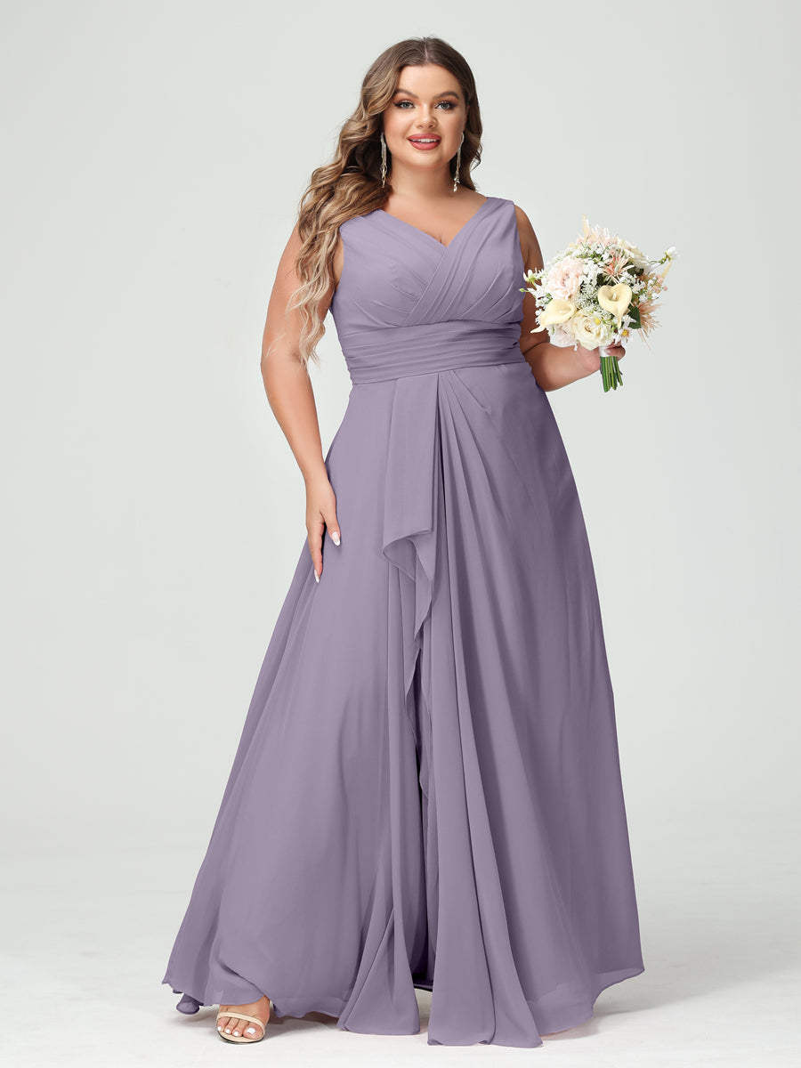 A-Line/Princess V-Neck Sleeveless Chiffon Ruffles Plus Size Bridesmaid Dresses with Pockets Wisteria
