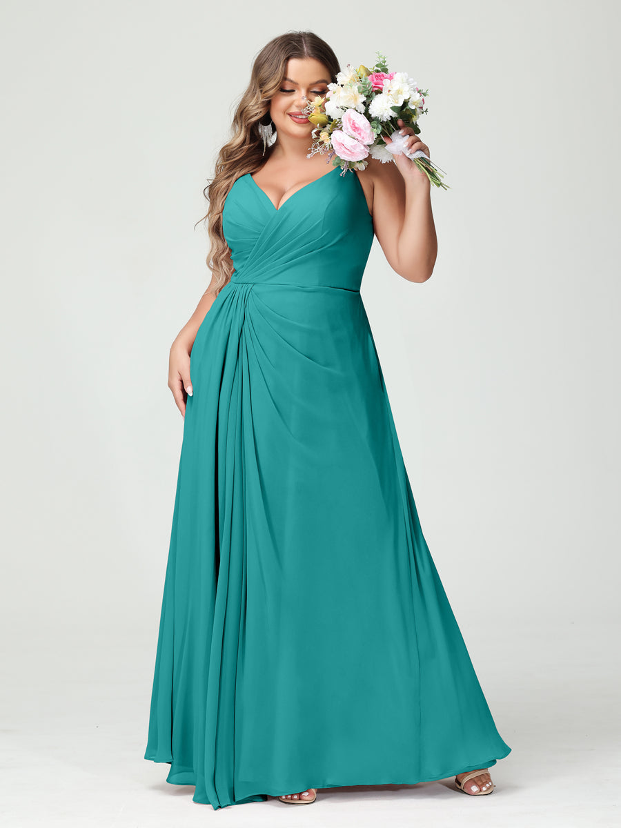 A-Line/Princess Spaghetti Straps Sleeveless Chiffon Split Side Plus Size Bridesmaid Dresses with Pockets Aqua Blue