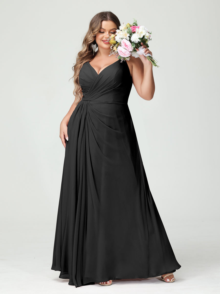 A-Line/Princess Spaghetti Straps Sleeveless Chiffon Split Side Plus Size Bridesmaid Dresses with Pockets Black
