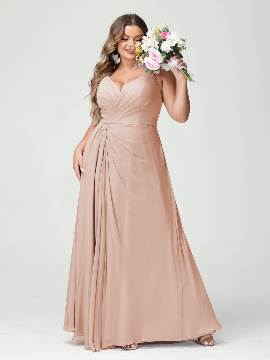 A-Line/Princess Spaghetti Straps Sleeveless Chiffon Split Side Plus Size Bridesmaid Dresses with Pockets Blush Pink