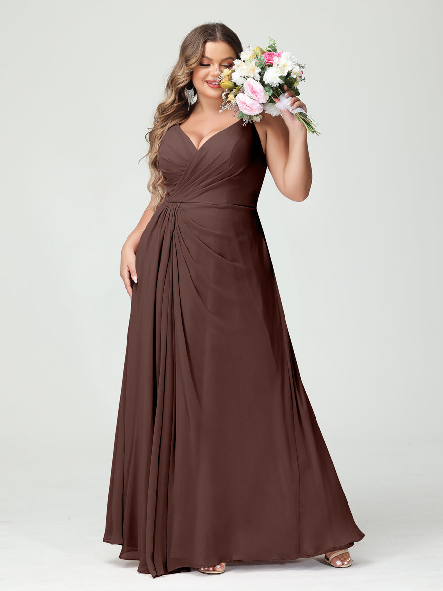 A-Line/Princess Spaghetti Straps Sleeveless Chiffon Split Side Plus Size Bridesmaid Dresses with Pockets Brown