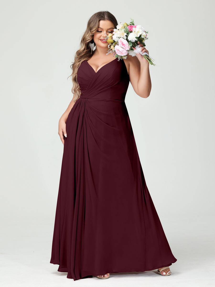 A-Line/Princess Spaghetti Straps Sleeveless Chiffon Split Side Plus Size Bridesmaid Dresses with Pockets Burgundy