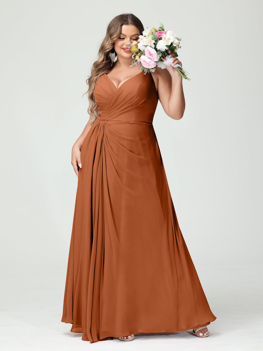 A-Line/Princess Spaghetti Straps Sleeveless Chiffon Split Side Plus Size Bridesmaid Dresses with Pockets Burnt Orange
