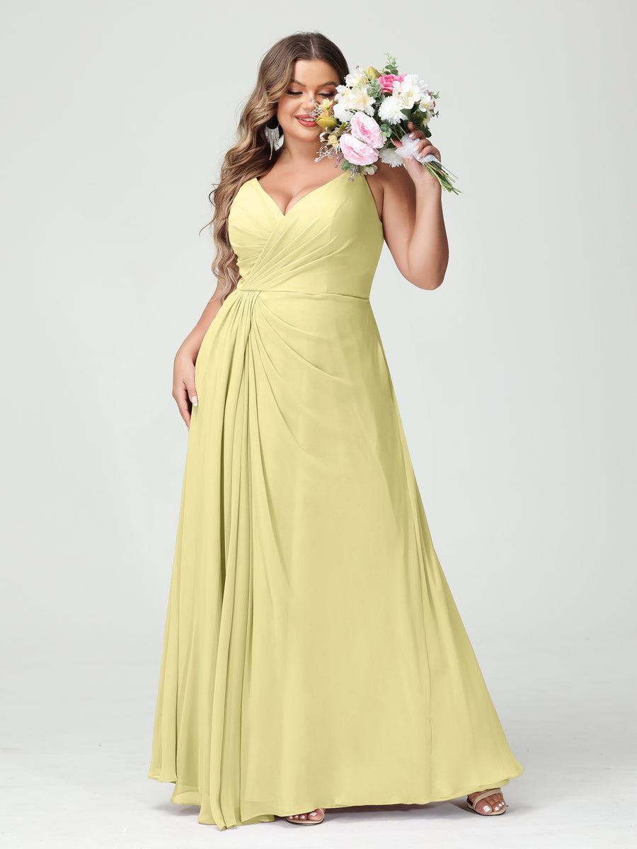 A-Line/Princess Spaghetti Straps Sleeveless Chiffon Split Side Plus Size Bridesmaid Dresses with Pockets Canary