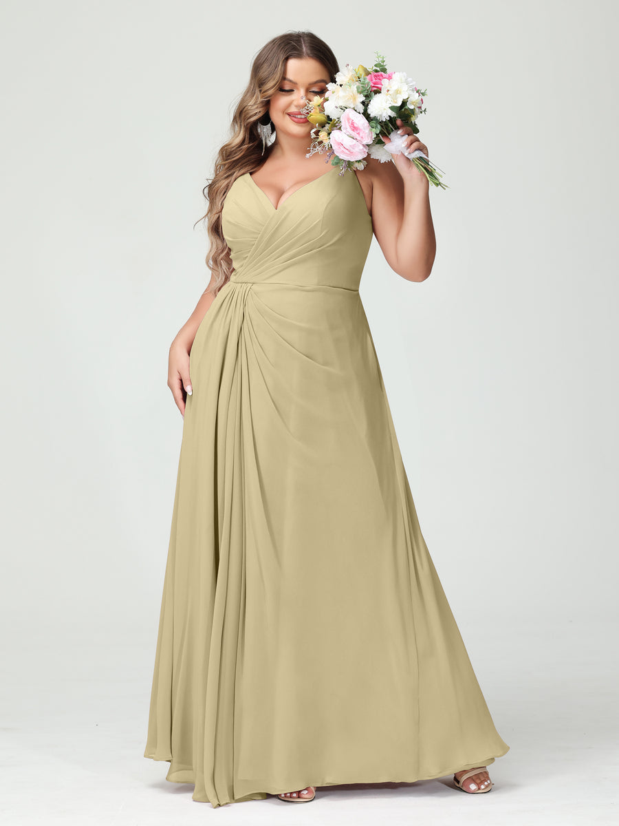 A-Line/Princess Spaghetti Straps Sleeveless Chiffon Split Side Plus Size Bridesmaid Dresses with Pockets Champagne