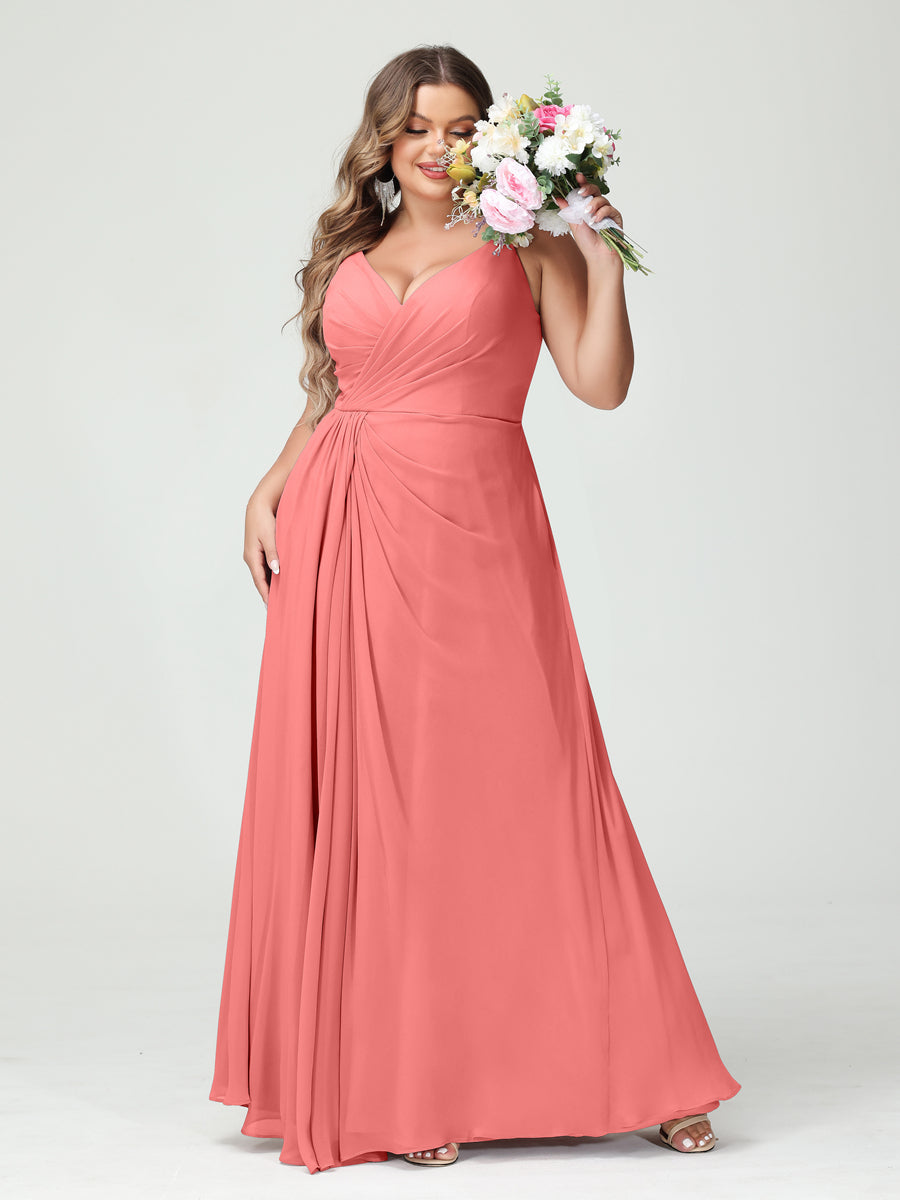 A-Line/Princess Spaghetti Straps Sleeveless Chiffon Split Side Plus Size Bridesmaid Dresses with Pockets Coral