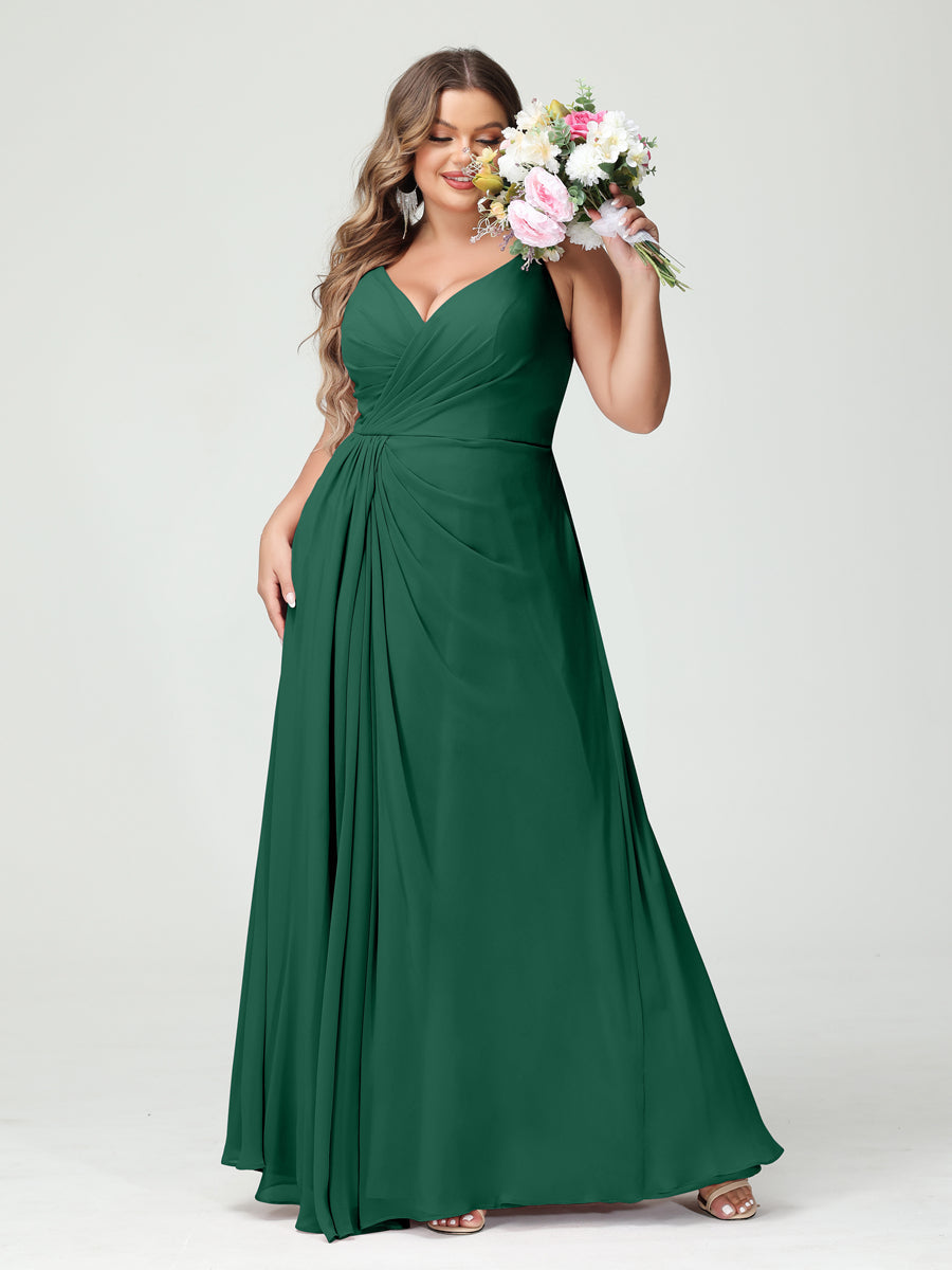 A-Line/Princess Spaghetti Straps Sleeveless Chiffon Split Side Plus Size Bridesmaid Dresses with Pockets Dark Green