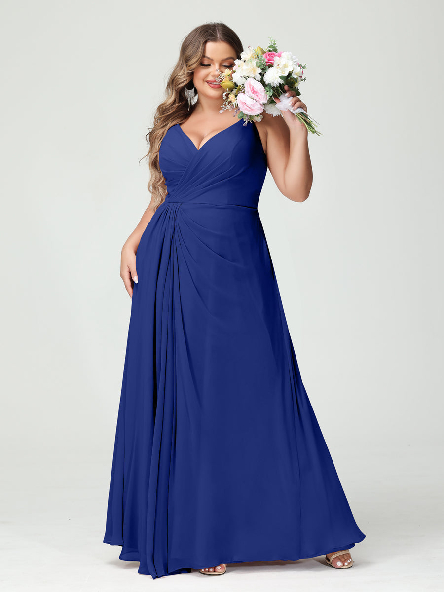 A-Line/Princess Spaghetti Straps Sleeveless Chiffon Split Side Plus Size Bridesmaid Dresses with Pockets Dark Royal Blue