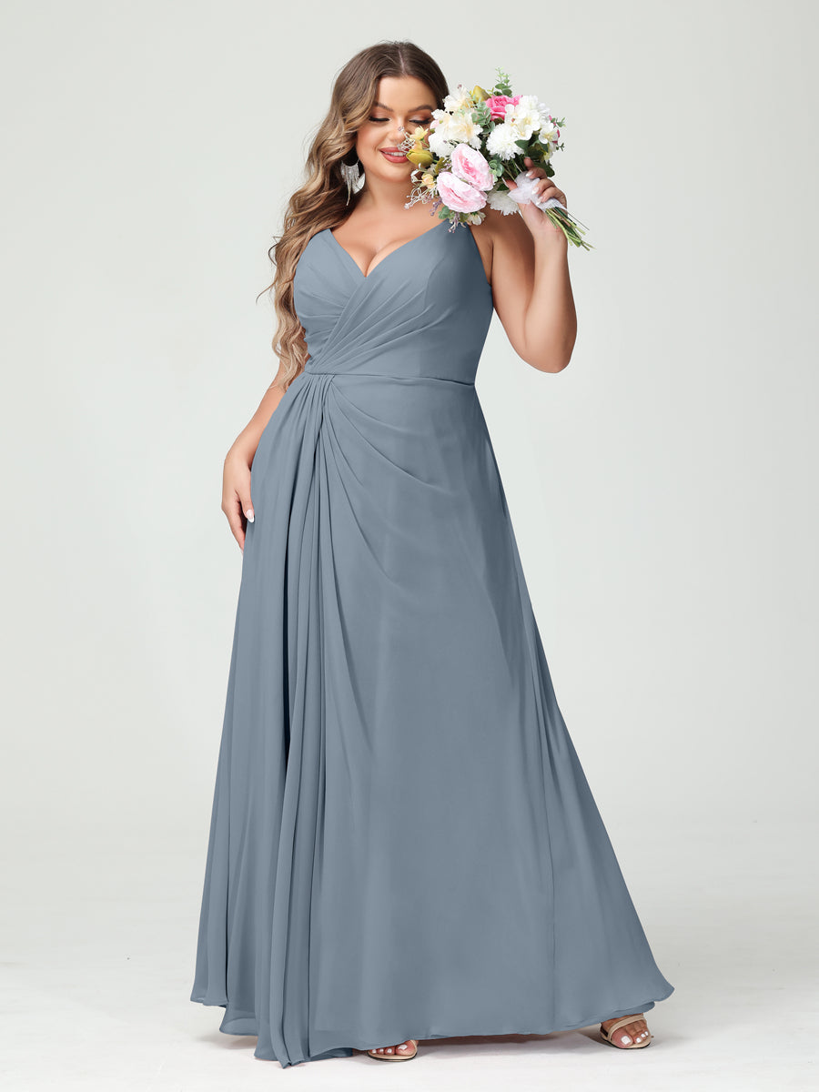 A-Line/Princess Spaghetti Straps Sleeveless Chiffon Split Side Plus Size Bridesmaid Dresses with Pockets Dusty Blue