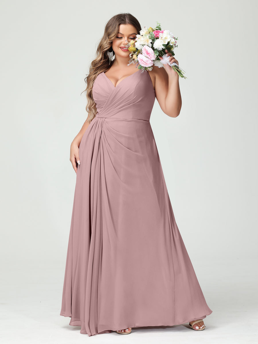 A-Line/Princess Spaghetti Straps Sleeveless Chiffon Split Side Plus Size Bridesmaid Dresses with Pockets Dusty Pink