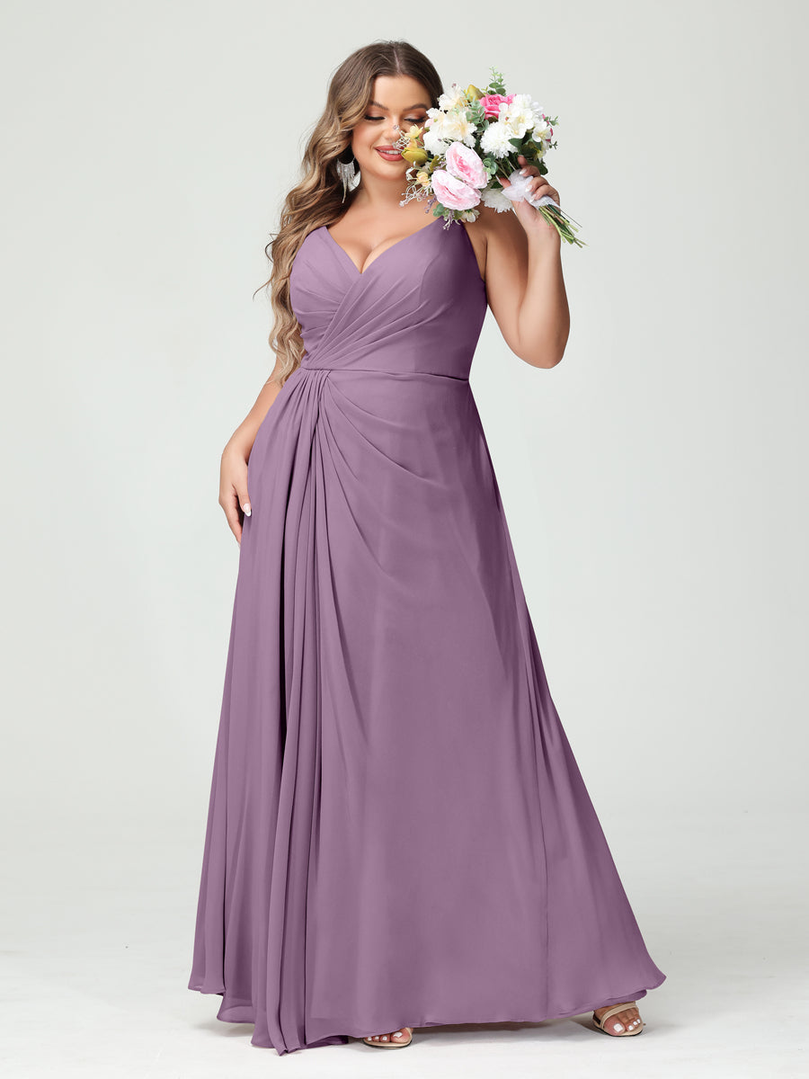 A-Line/Princess Spaghetti Straps Sleeveless Chiffon Split Side Plus Size Bridesmaid Dresses with Pockets Dusty Purple