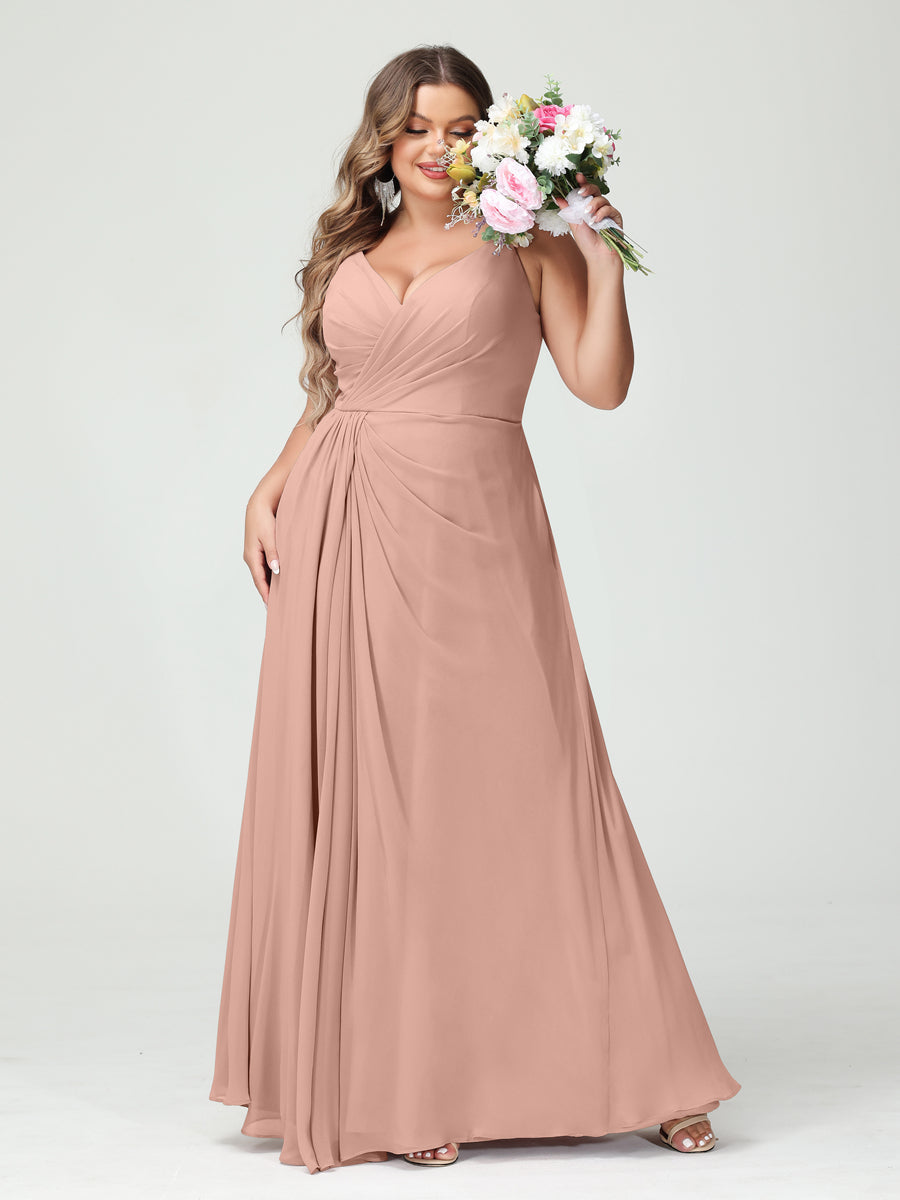 A-Line/Princess Spaghetti Straps Sleeveless Chiffon Split Side Plus Size Bridesmaid Dresses with Pockets Dusty Rose