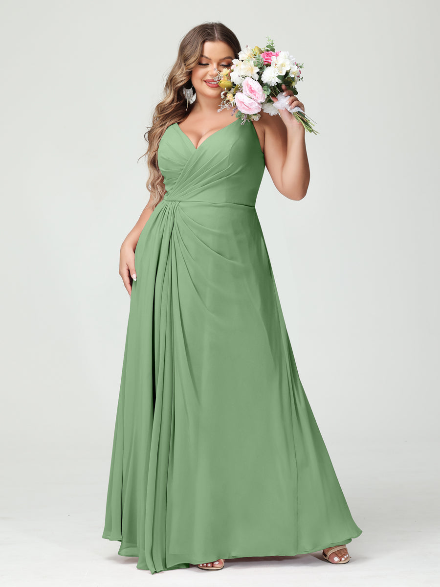 A-Line/Princess Spaghetti Straps Sleeveless Chiffon Split Side Plus Size Bridesmaid Dresses with Pockets Dusty Sage