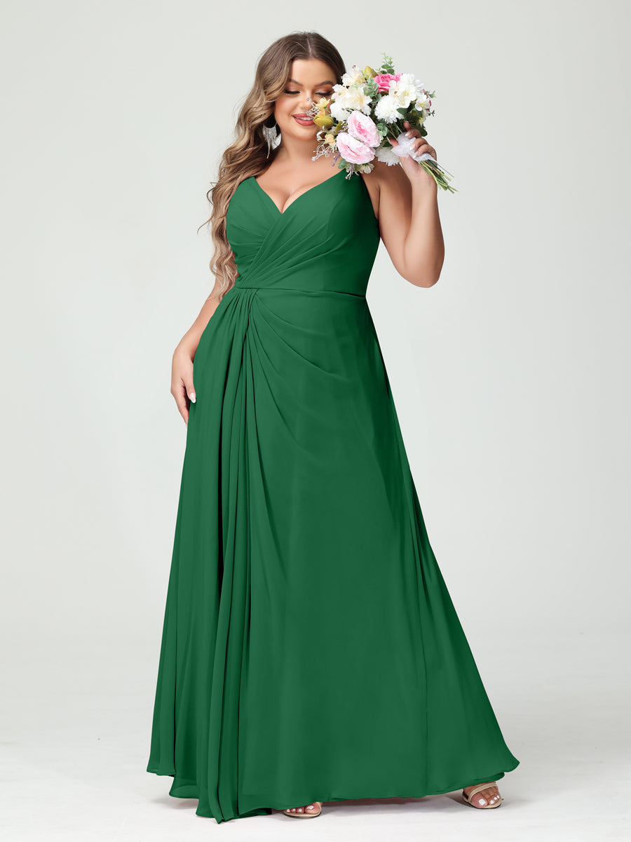 A-Line/Princess Spaghetti Straps Sleeveless Chiffon Split Side Plus Size Bridesmaid Dresses with Pockets Emerald