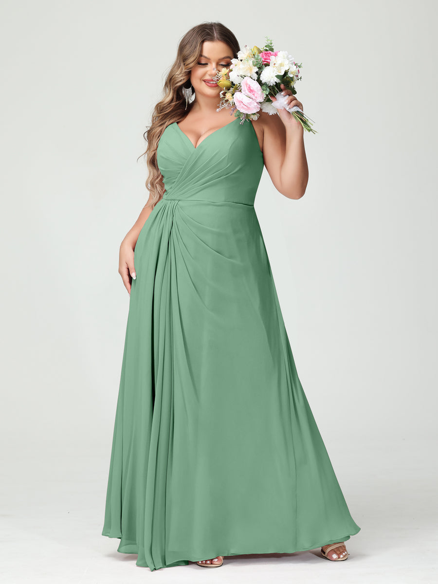 A-Line/Princess Spaghetti Straps Sleeveless Chiffon Split Side Plus Size Bridesmaid Dresses with Pockets Eucalyptus