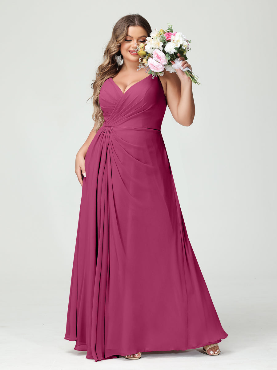 A-Line/Princess Spaghetti Straps Sleeveless Chiffon Split Side Plus Size Bridesmaid Dresses with Pockets Fuchsia