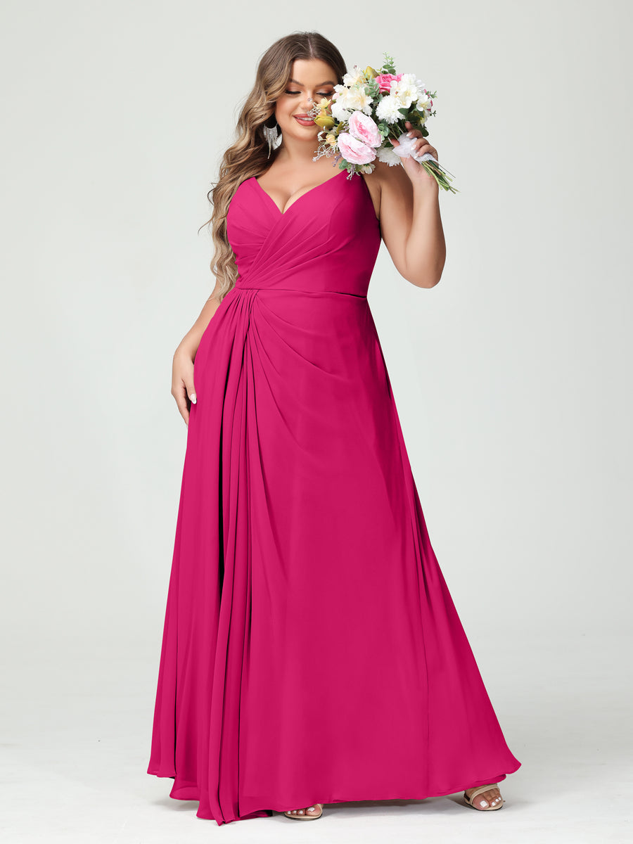 A-Line/Princess Spaghetti Straps Sleeveless Chiffon Split Side Plus Size Bridesmaid Dresses with Pockets Fuchsia Pink