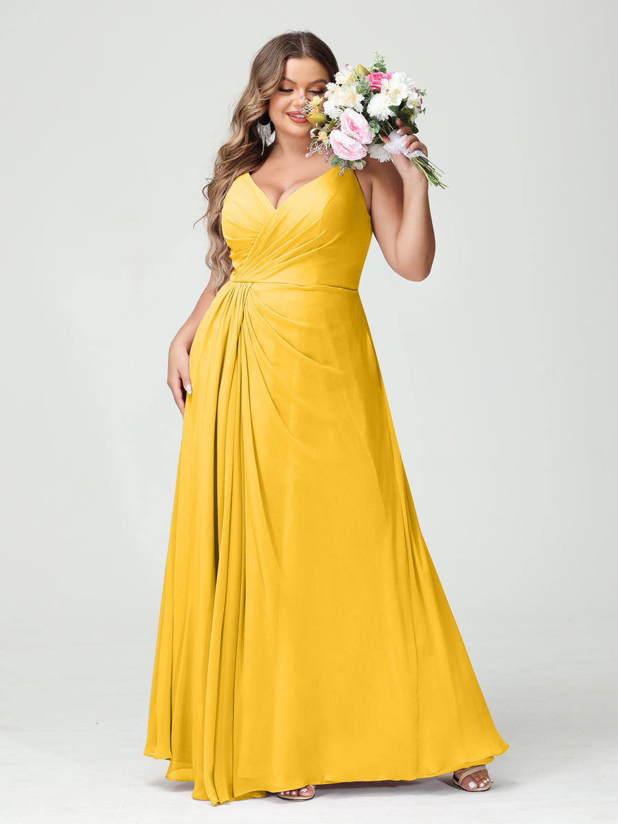A-Line/Princess Spaghetti Straps Sleeveless Chiffon Split Side Plus Size Bridesmaid Dresses with Pockets Gold