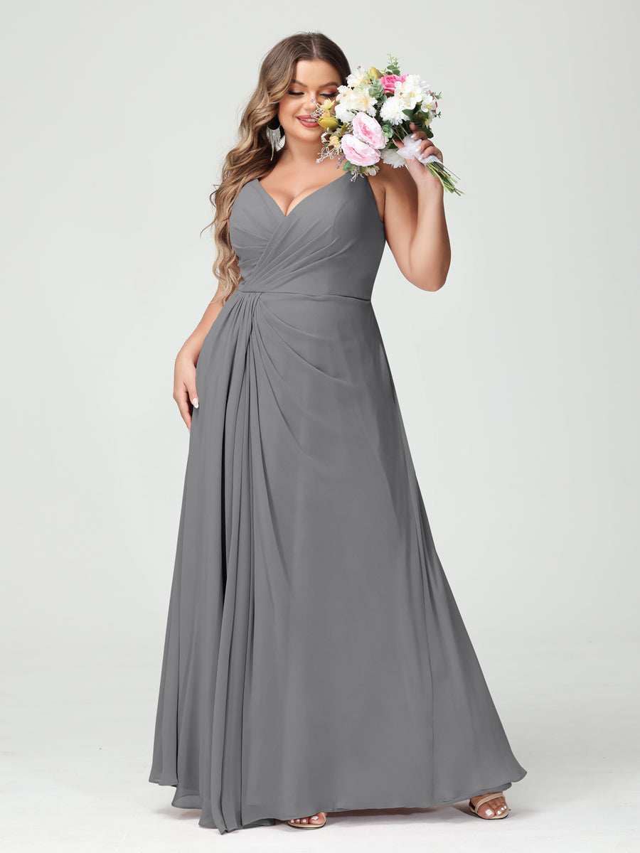 A-Line/Princess Spaghetti Straps Sleeveless Chiffon Split Side Plus Size Bridesmaid Dresses with Pockets Gray