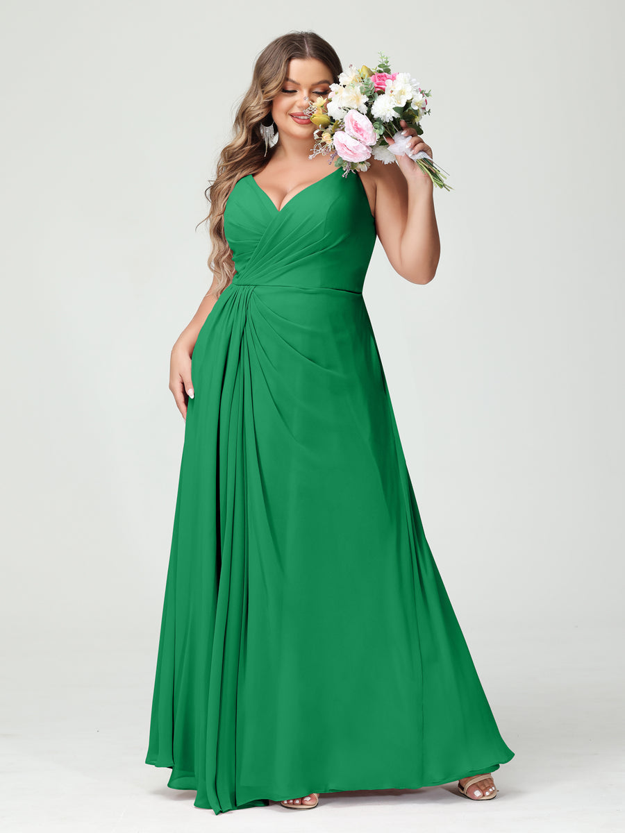 A-Line/Princess Spaghetti Straps Sleeveless Chiffon Split Side Plus Size Bridesmaid Dresses with Pockets Green