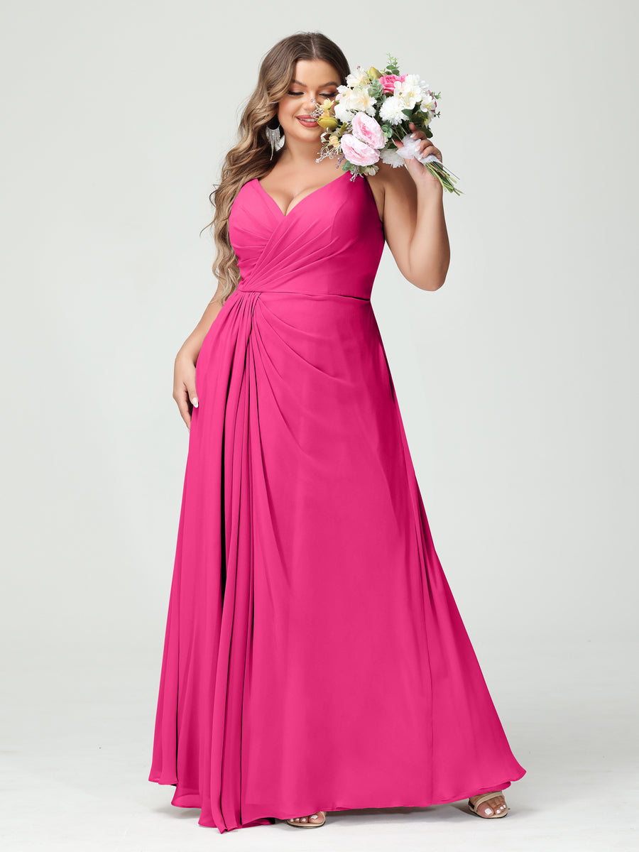 A-Line/Princess Spaghetti Straps Sleeveless Chiffon Split Side Plus Size Bridesmaid Dresses with Pockets Hot Pink