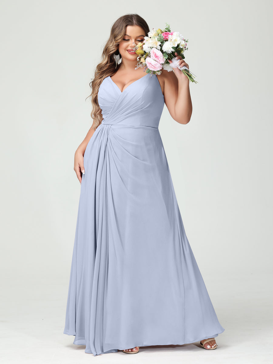A-Line/Princess Spaghetti Straps Sleeveless Chiffon Split Side Plus Size Bridesmaid Dresses with Pockets Lavender