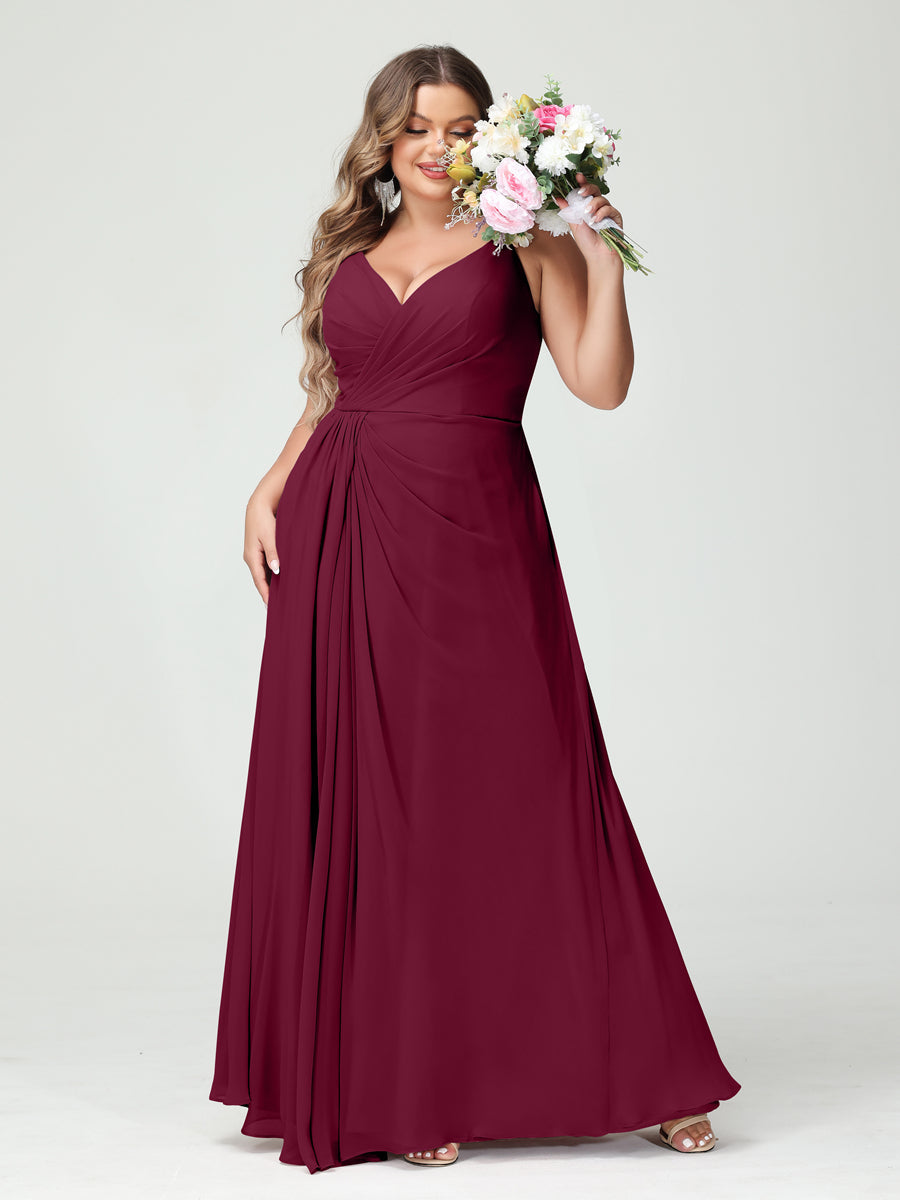 A-Line/Princess Spaghetti Straps Sleeveless Chiffon Split Side Plus Size Bridesmaid Dresses with Pockets Light Burgundy