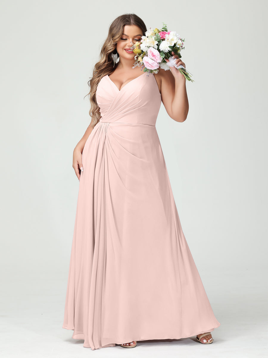 A-Line/Princess Spaghetti Straps Sleeveless Chiffon Split Side Plus Size Bridesmaid Dresses with Pockets Light Pink