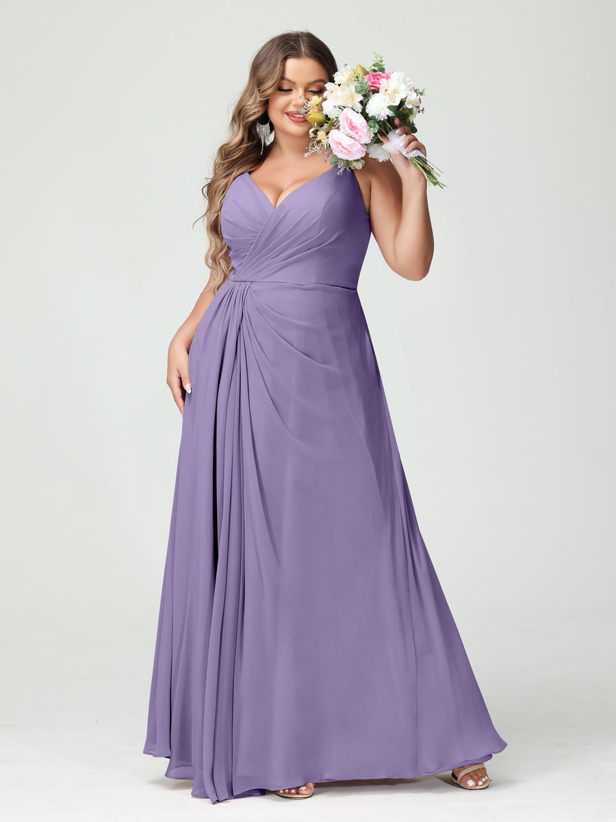 A-Line/Princess Spaghetti Straps Sleeveless Chiffon Split Side Plus Size Bridesmaid Dresses with Pockets Light Purple