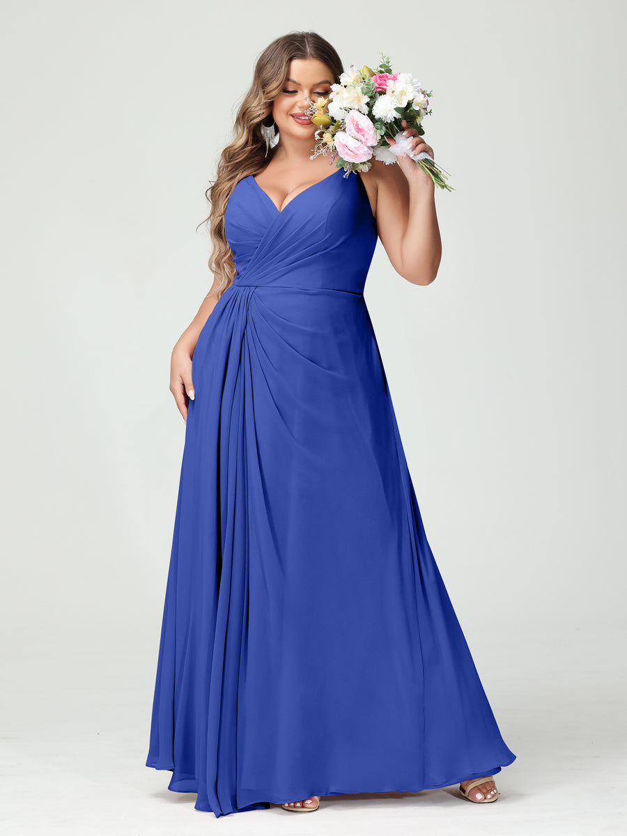 A-Line/Princess Spaghetti Straps Sleeveless Chiffon Split Side Plus Size Bridesmaid Dresses with Pockets Light Royal Blue
