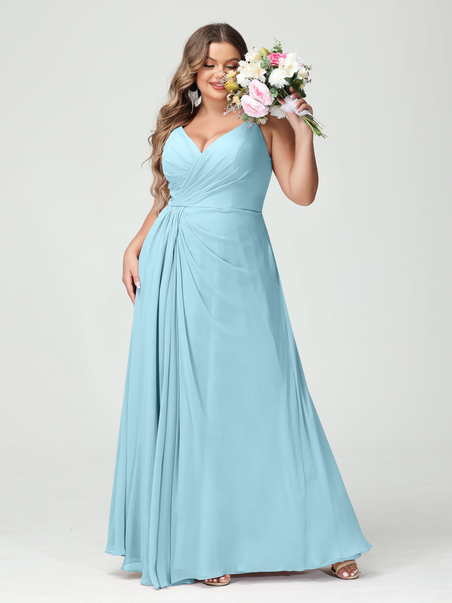 A-Line/Princess Spaghetti Straps Sleeveless Chiffon Split Side Plus Size Bridesmaid Dresses with Pockets Light Sky Blue
