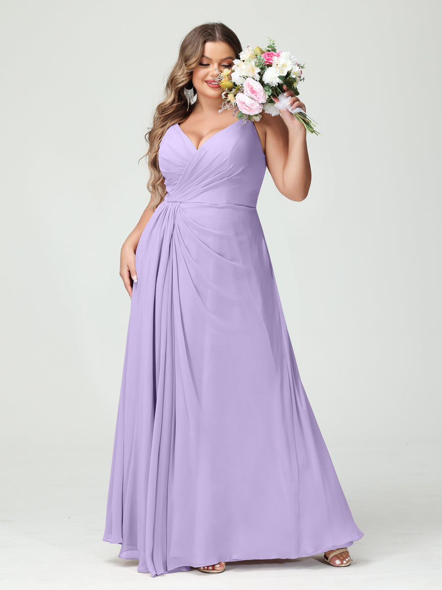 A-Line/Princess Spaghetti Straps Sleeveless Chiffon Split Side Plus Size Bridesmaid Dresses with Pockets Lilac