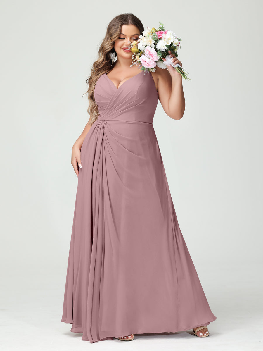 A-Line/Princess Spaghetti Straps Sleeveless Chiffon Split Side Plus Size Bridesmaid Dresses with Pockets Mauve