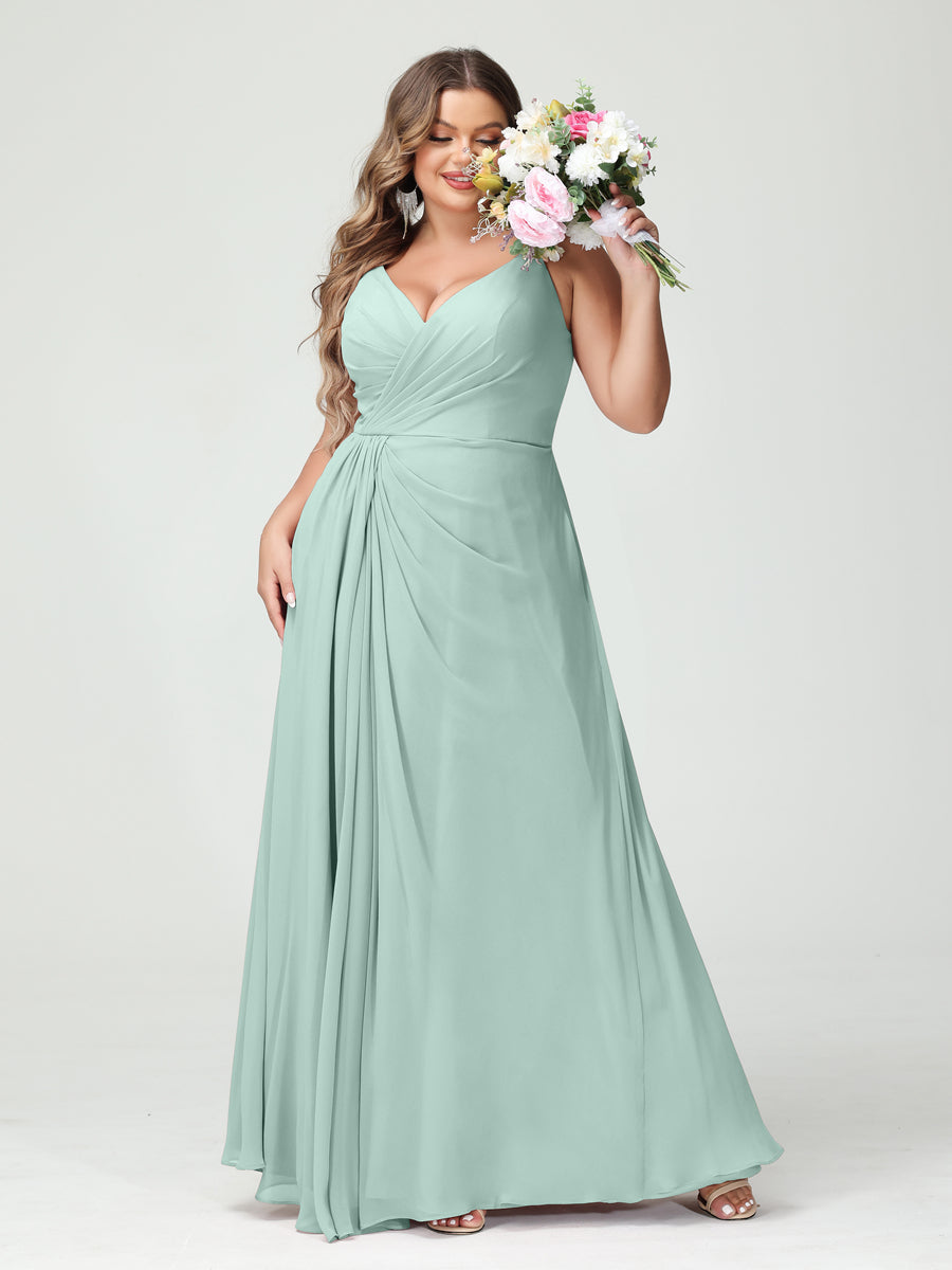 A-Line/Princess Spaghetti Straps Sleeveless Chiffon Split Side Plus Size Bridesmaid Dresses with Pockets Mist Blue