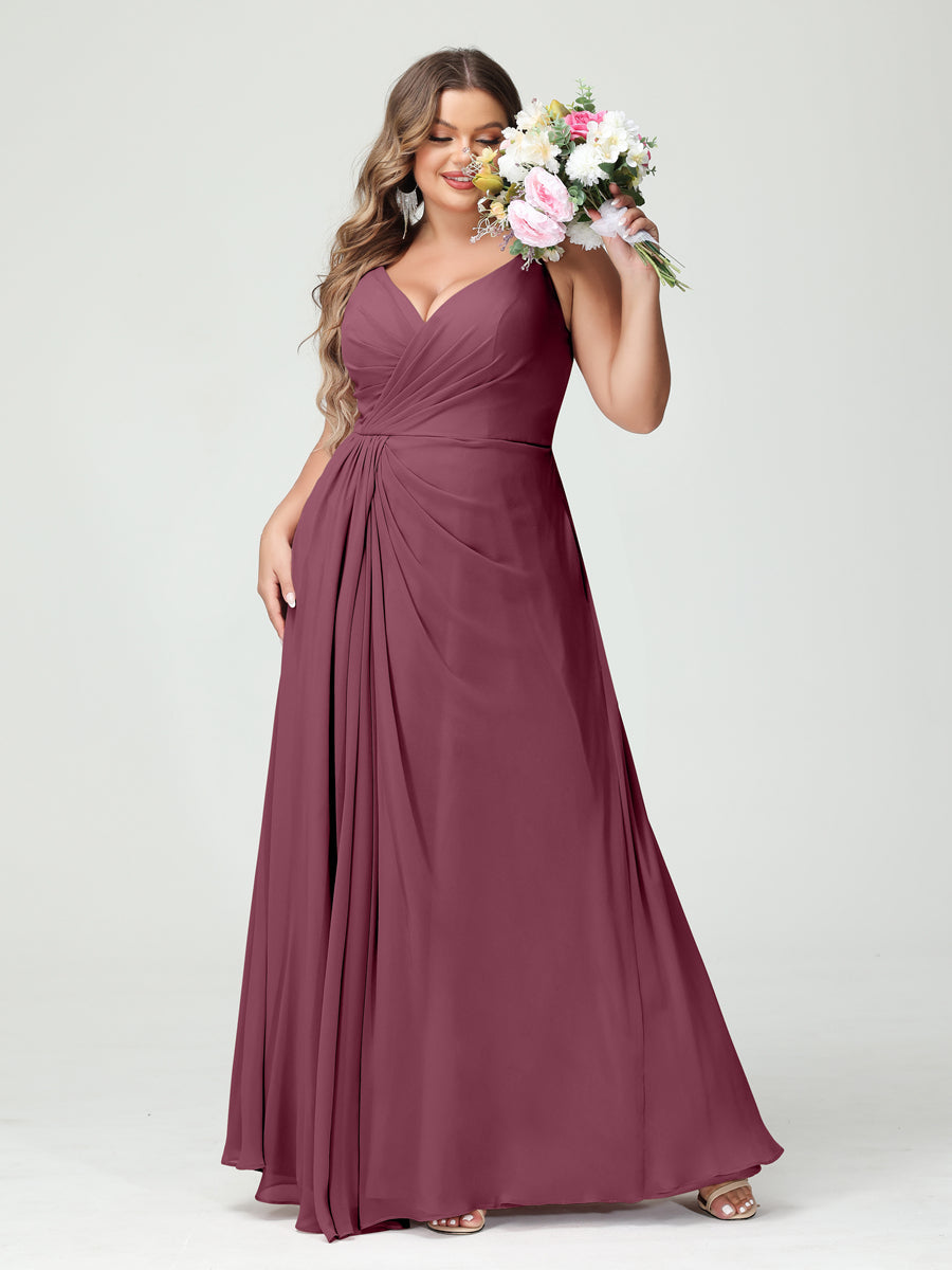 A-Line/Princess Spaghetti Straps Sleeveless Chiffon Split Side Plus Size Bridesmaid Dresses with Pockets Mulberry