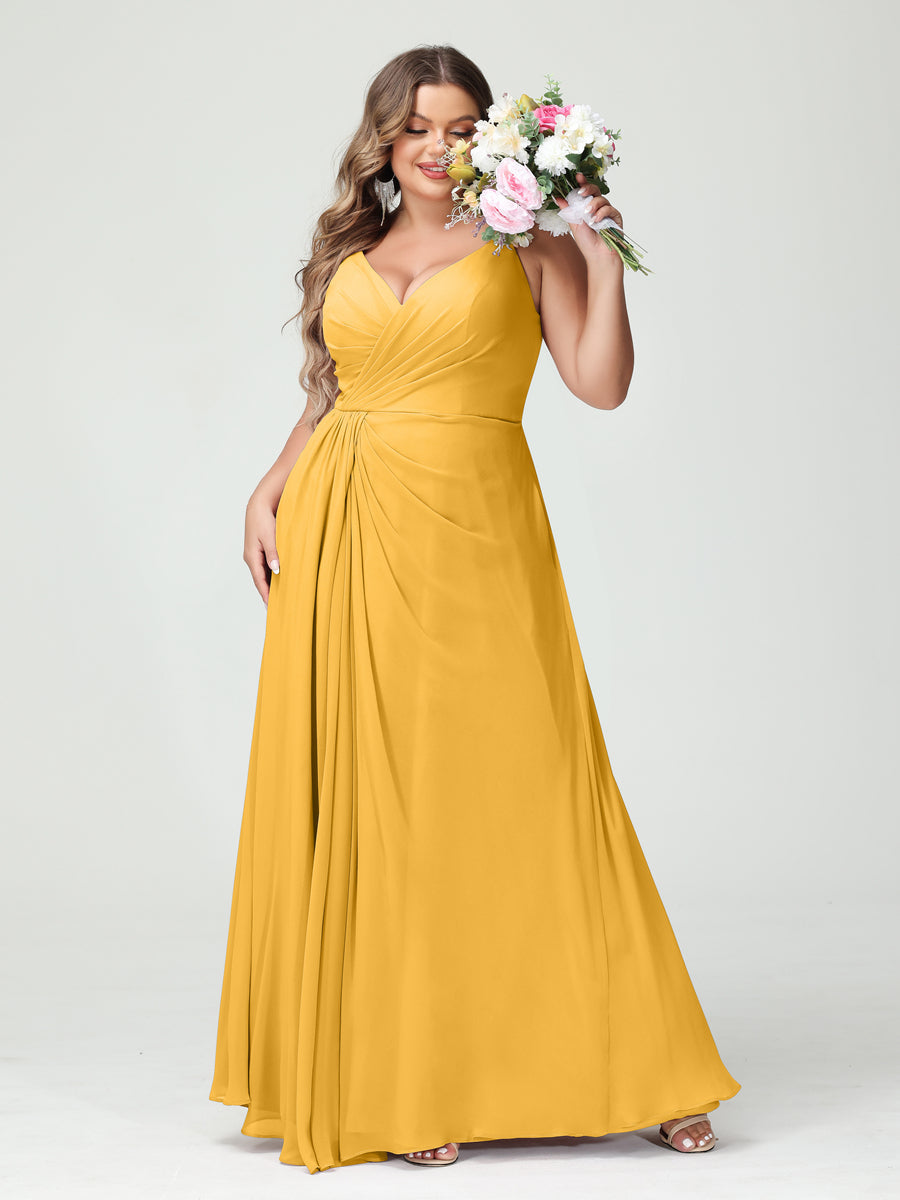 A-Line/Princess Spaghetti Straps Sleeveless Chiffon Split Side Plus Size Bridesmaid Dresses with Pockets Mustard Yellow