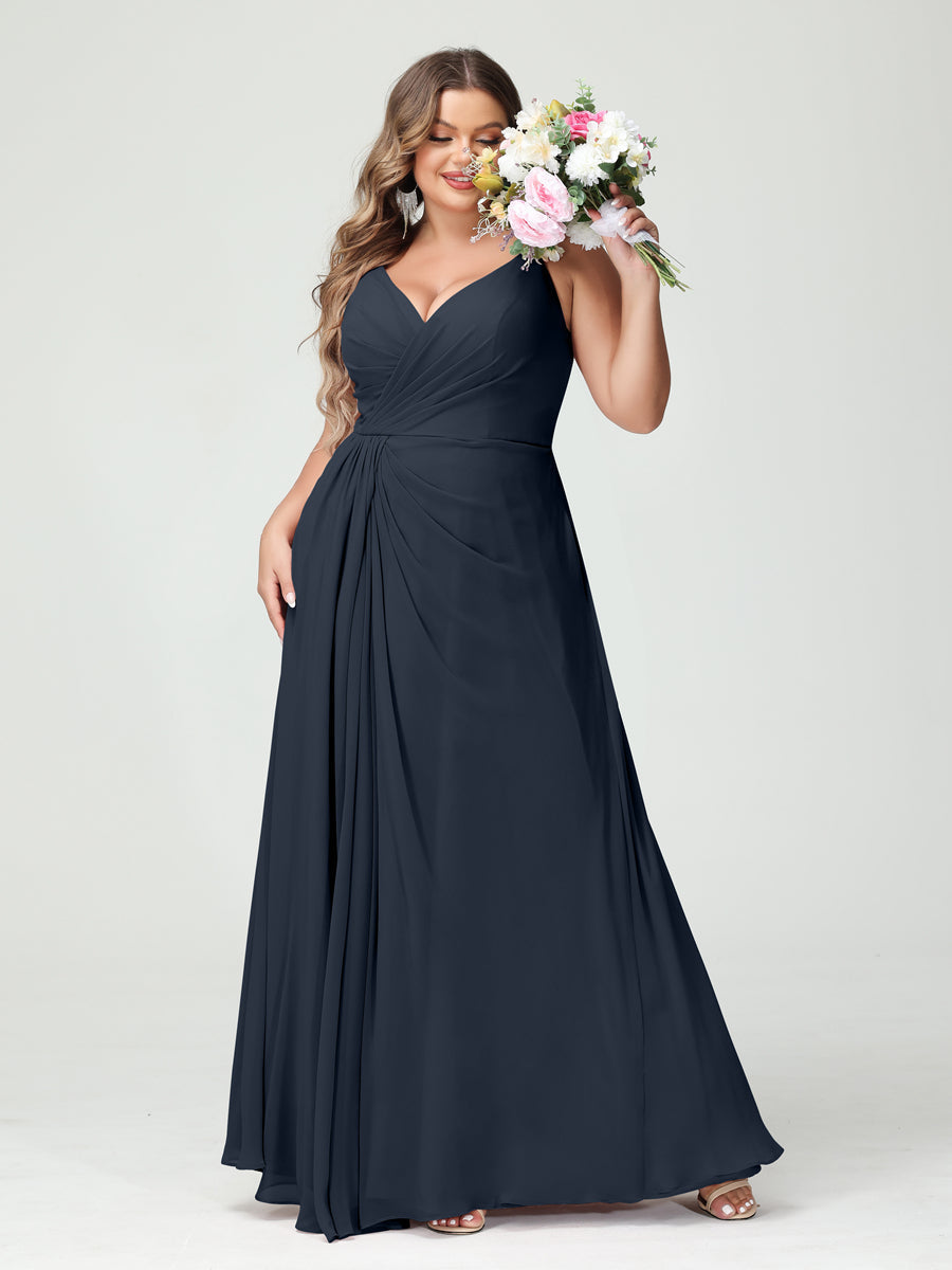 A-Line/Princess Spaghetti Straps Sleeveless Chiffon Split Side Plus Size Bridesmaid Dresses with Pockets Navy Blue