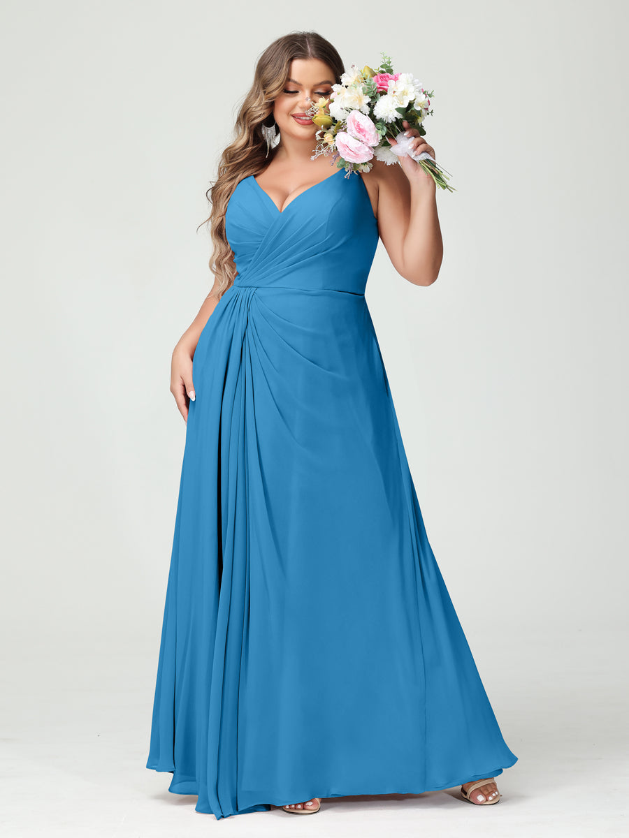A-Line/Princess Spaghetti Straps Sleeveless Chiffon Split Side Plus Size Bridesmaid Dresses with Pockets Ocean Blue